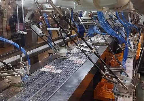 Krabų lazdelių iškrovimo robotai