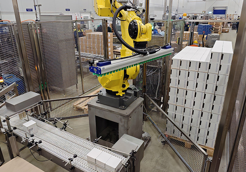 Dėžių iškrovimo ir išdėliojimo robotas